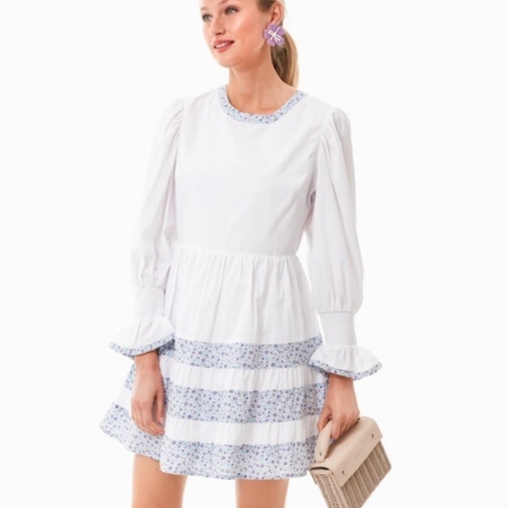 Tuckernuck Pomander Place Floral Tiered Fran Mini Dress White Blue Combo